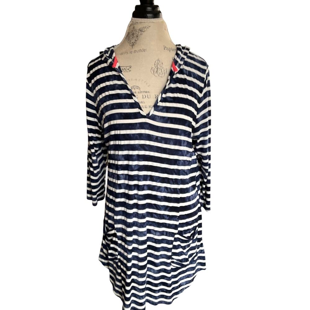 Dakini Women's Swim Cover up Stripe Hoodie Blue White Size Large EUC